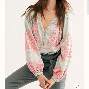 FREE PEOPLE Persuasion Embroidered Blouse Green Pink Women’s Size Medium